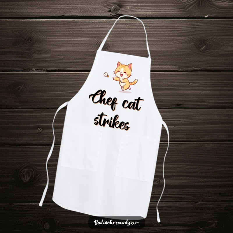 Funny Cat Badminton Apron: A joyful cat character playfully chases a shuttlecock across a kitchen court, ready to cook.