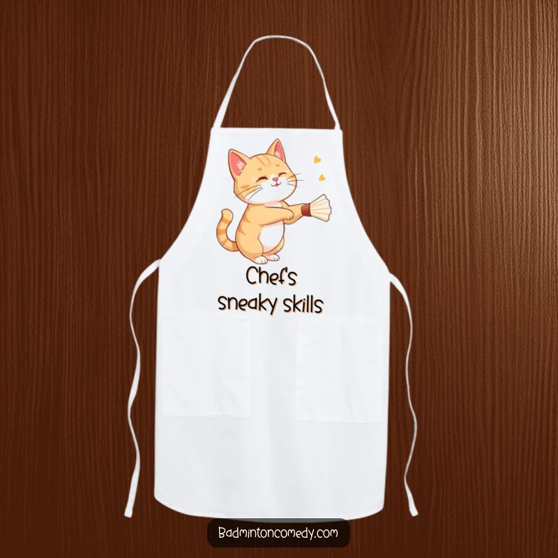 Funny cat gracefully striking a shuttlecock with a playful wink on this humorous and practical apron.