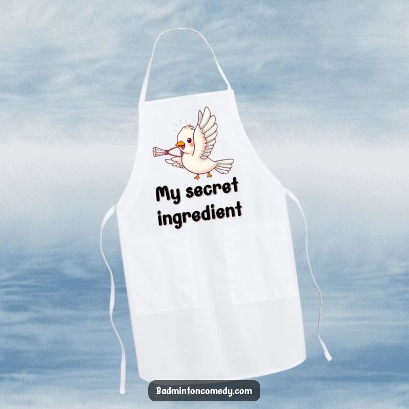 Funny bird character soaring with a shuttlecock in its beak, on a humorous badminton apron, a great gift.