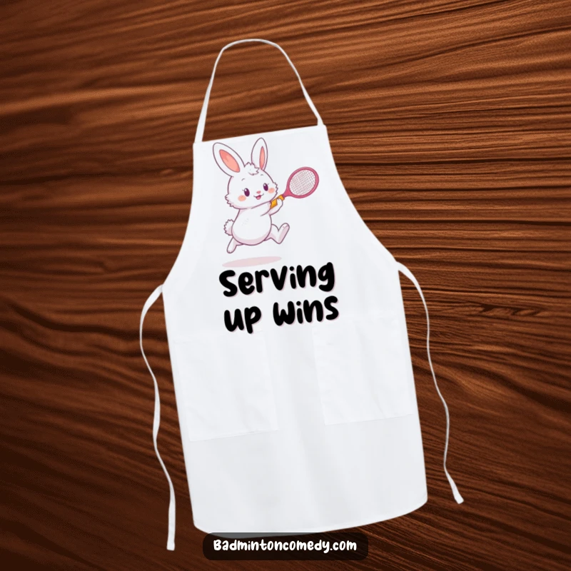 Funny bunny character ready to serve up a badminton smash in a kitchen apron, a funny gift.