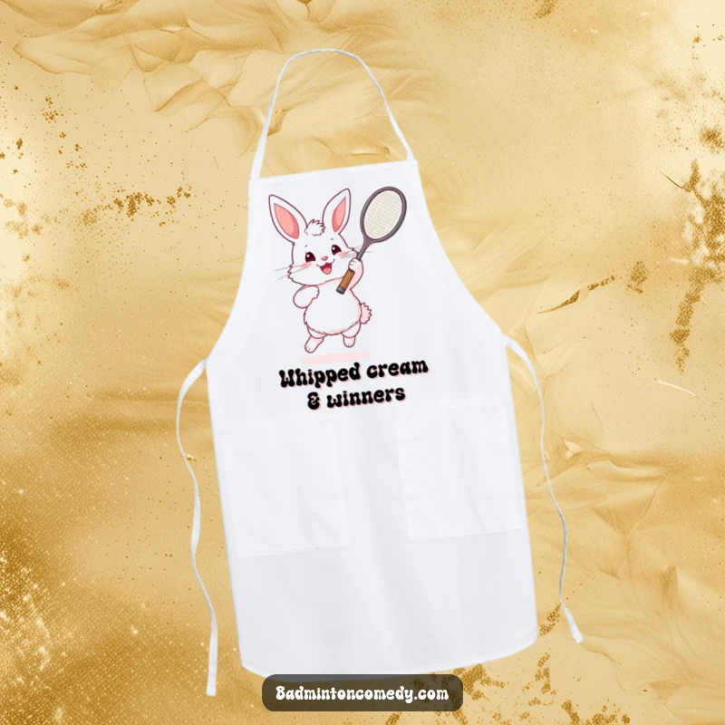 Funny Bunny Badminton Apron: A fluffy rabbit playing badminton, ideal for kitchen use with a humorous sporty theme.