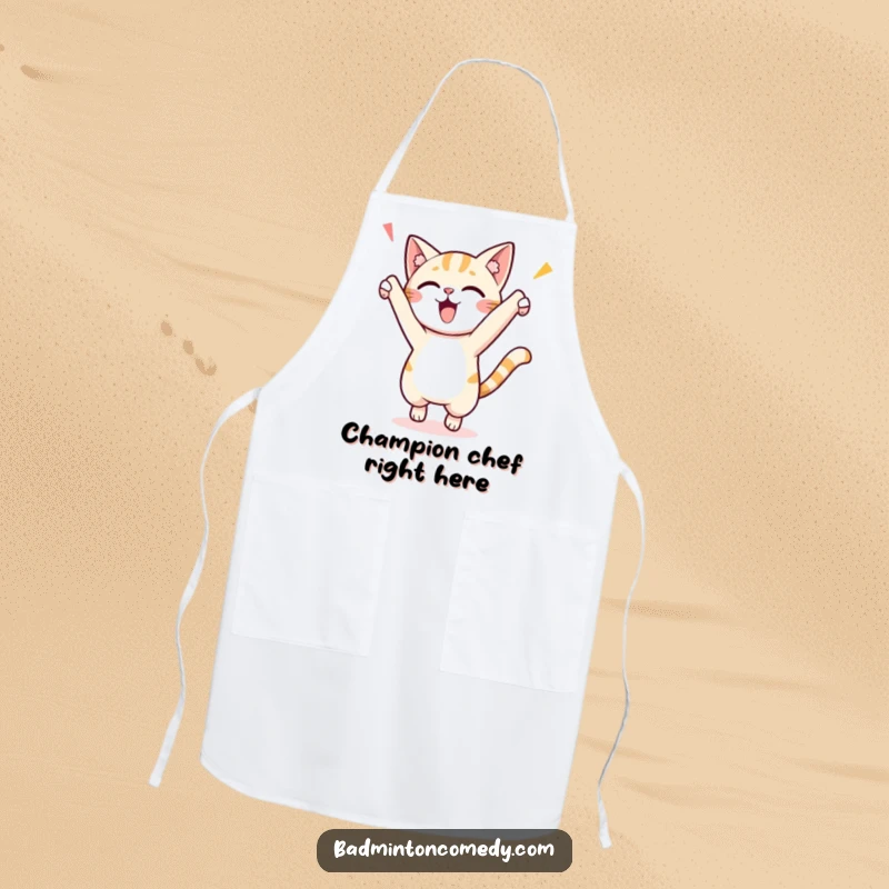 Funny apron with a small cat character performing an enthusiastic, celebratory jump, symbolizing a kitchen win or playful cooking.