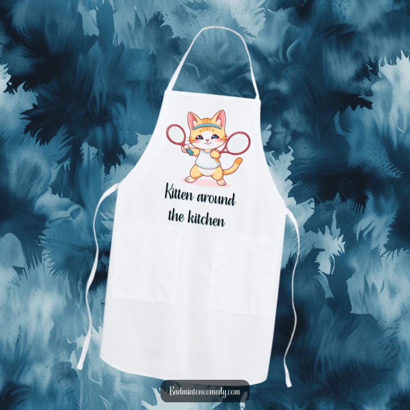 Funny cat character performing a badminton shot on a kitchen apron, funny gift.