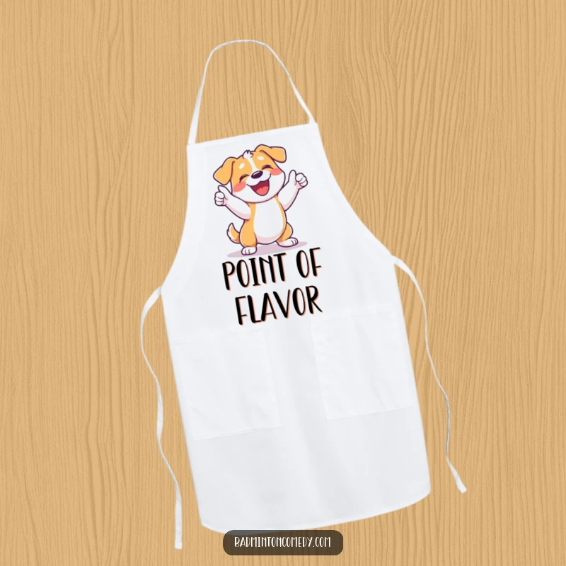 Funny dog tennis apron showing a happy dog celebrating a point with a bark and a swing, perfect for kitchen fun.