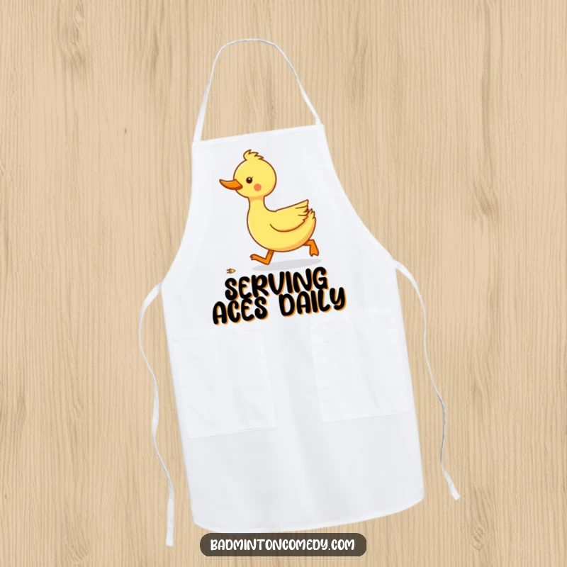 Funny duck waddling rapidly to reach a shuttlecock on an apron, depicting kitchen humor and effort.