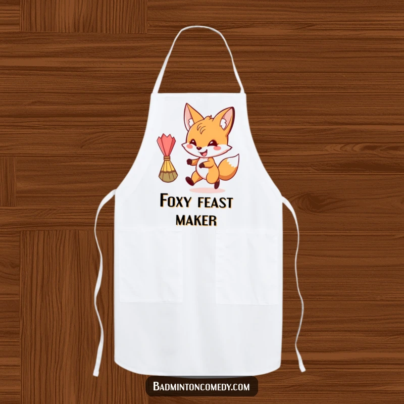 Funny fox character with a grin chasing a shuttlecock on a kitchen apron, funny gift.