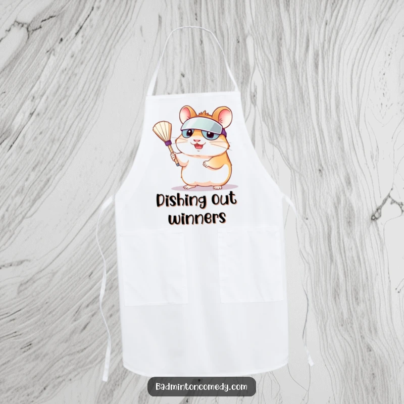 Funny hamster wearing a visor, serving a shuttlecock on a durable apron, ideal for kitchen fun and badminton fans.