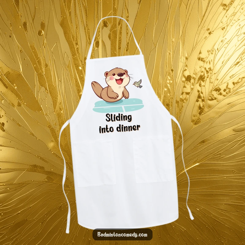 Funny Otter Badminton Apron: A smiling otter sliding on a badminton court, humorously depicted while a chef cooks, for kitchen fun.