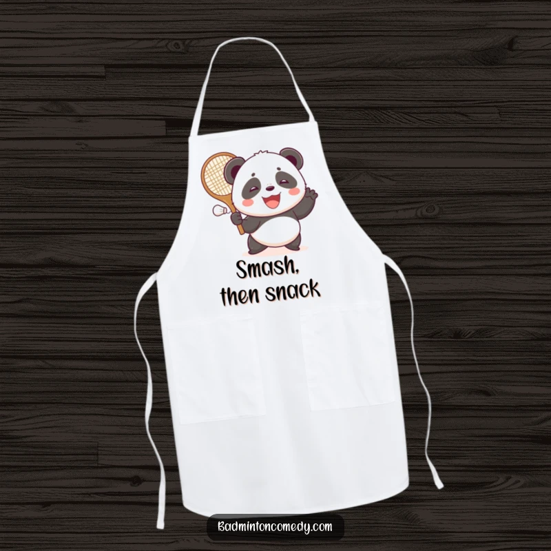 Funny smiling panda with a large racket, gleefully hitting a shuttlecock on this humorous and practical apron.