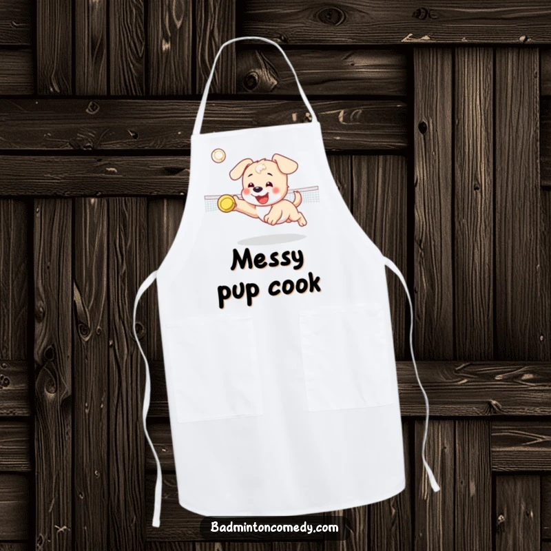 Funny apron with a happy puppy character diving for a shuttlecock on a badminton court, suitable for kitchen wear.