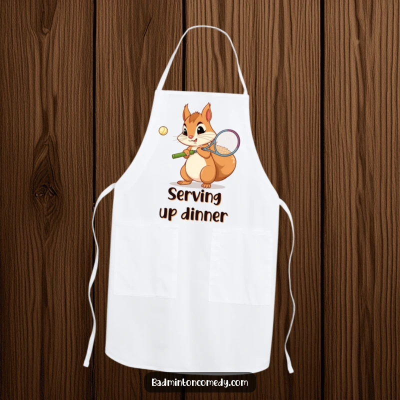 Funny Squirrel Badminton Apron: A curious squirrel concentrating on its badminton serve, humorously depicted while cooking.