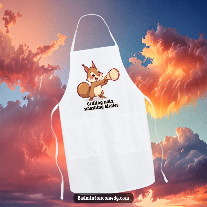 Funny Squirrel Badminton Apron: A cheerful squirrel serving a shuttlecock with a mighty swing, ideal for kitchen use with a humorous sports theme.