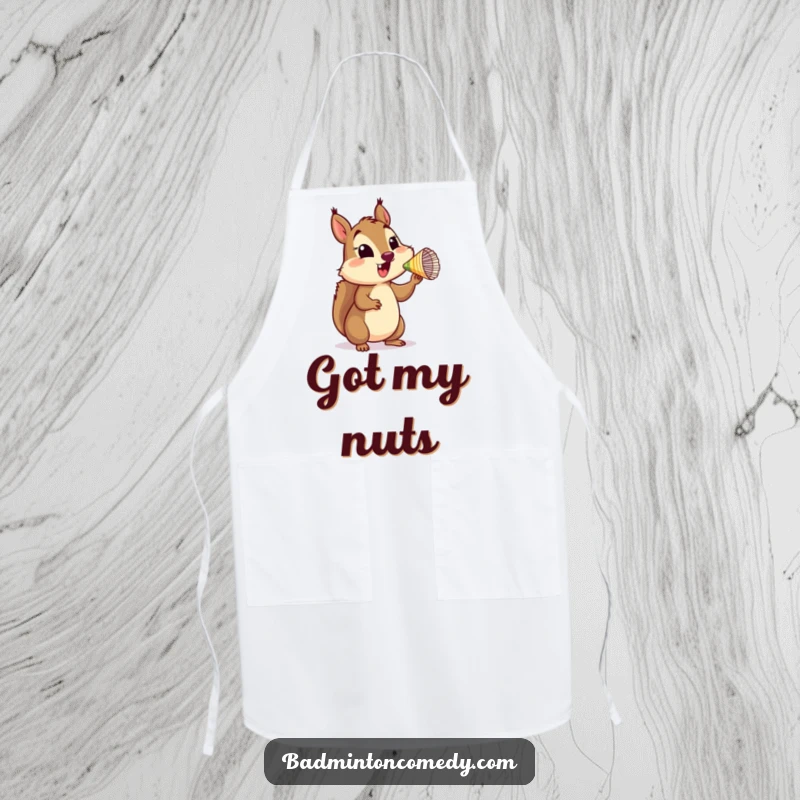 Funny Squirrel Chef's Apron showing a happy squirrel character balancing a shuttlecock on its nose while preparing delicious food.