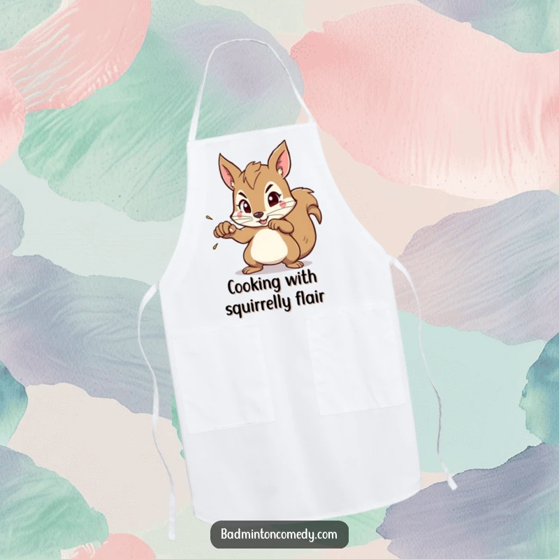 Funny Squirrel Smash Apron: A squirrel character with intense focus aims its racket, ready to smash, adding humor to kitchen tasks.