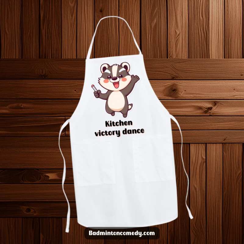 Funny Badger Celebration Apron: A cheerful badger character is depicted in a triumphant jump, celebrating a point with infectious joy.