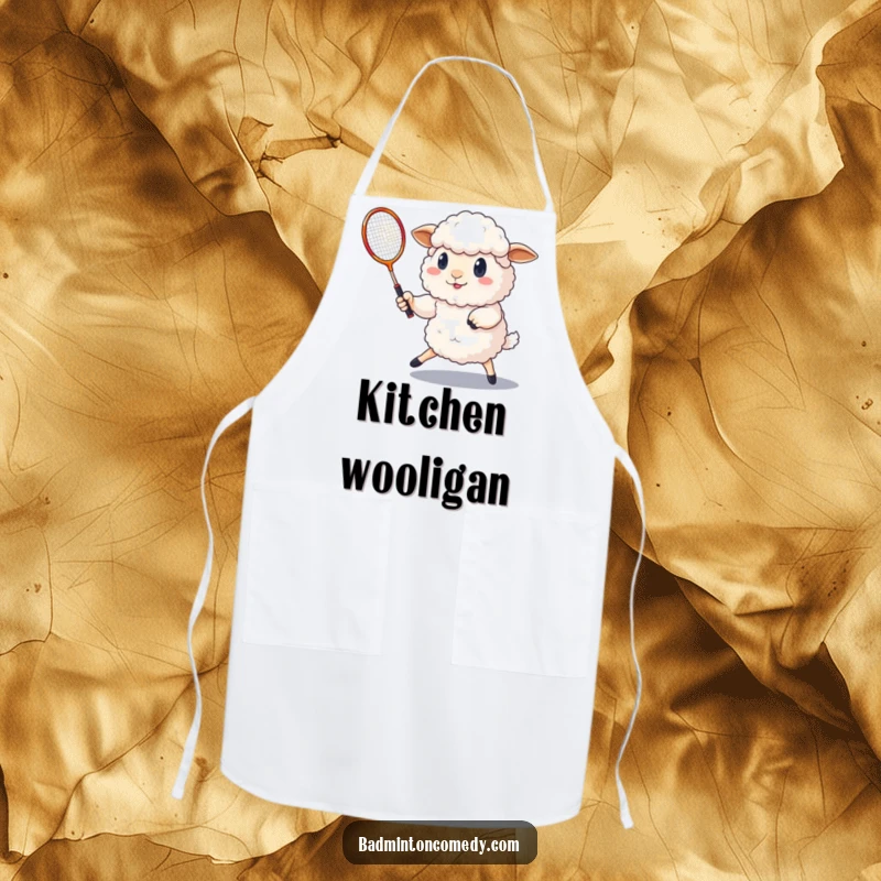 Funny fluffy sheep playing badminton with a determined expression on this humorous and practical apron.