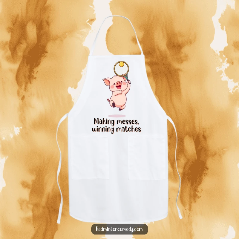 Funny Piglet Badminton Apron: A gleeful piglet jumping with a badminton racket, ideal for kitchen use with a humorous sports theme.