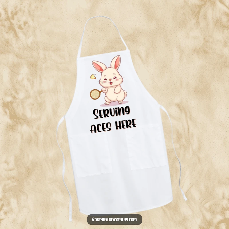 Funny Bunny Badminton Apron: A fluffy bunny character determinedly smashes a shuttlecock with a tiny badminton racket while cooking.