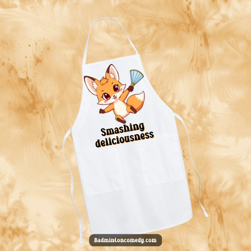 Funny Fox Smash Apron: A determined fox character, wide-eyed and focused, leaps to smash a shuttlecock, adding humor to kitchen tasks.