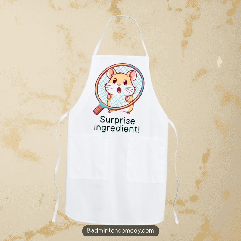 Funny hamster peeking from behind a large racket, looking surprised, on a humorous badminton apron, a great gift.