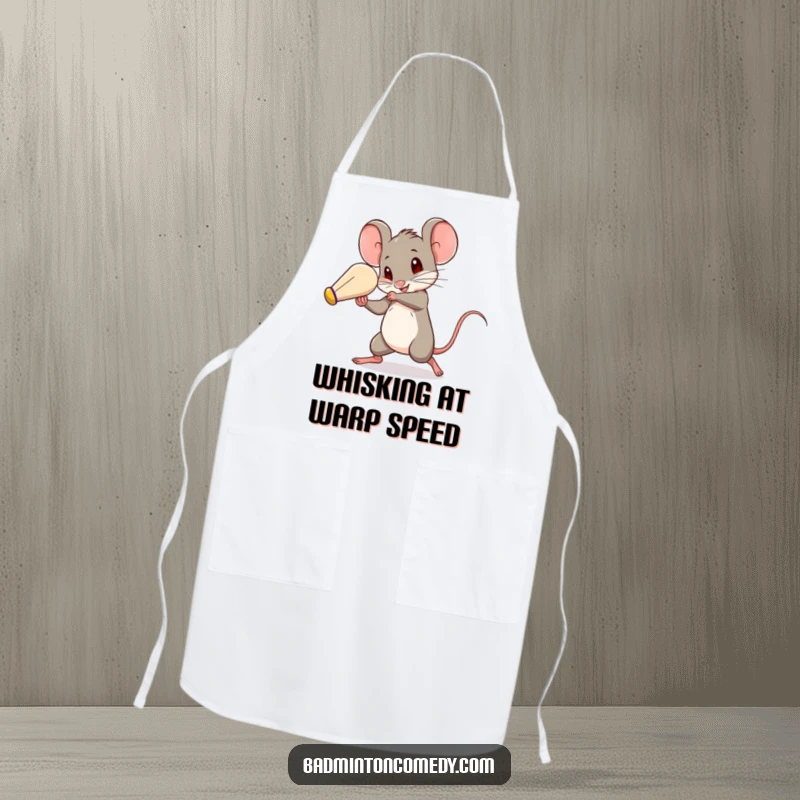 Funny mouse, a blur of motion, batting a shuttlecock with surprising speed, a humorous apron for kitchen athletes.