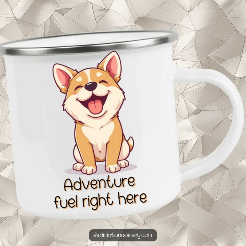 Funny happy dog panting after a badminton rally on a camping mug, ideal for outdoor joy.