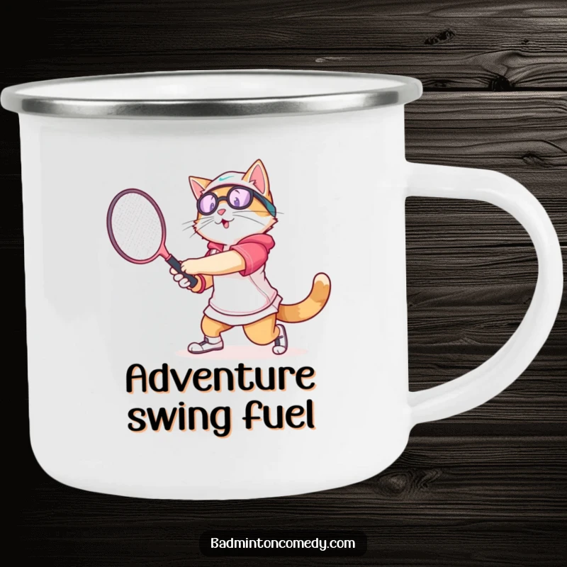 Funny cat in athletic gear swinging a badminton racket with gusto, on a rugged and humorous camping mug.