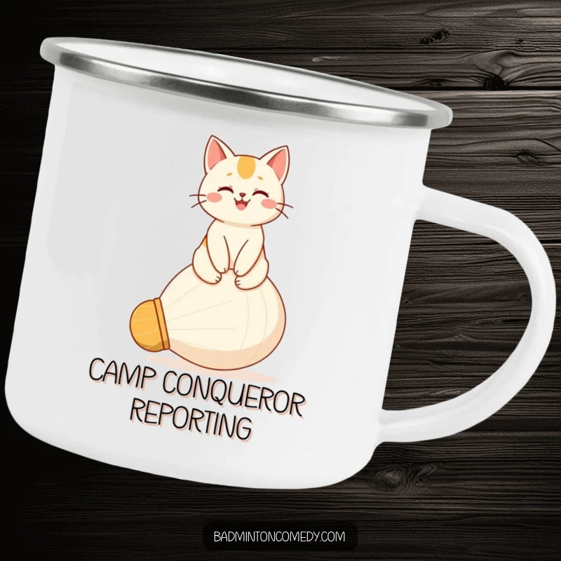 Funny camping mug with a proud, happy cat character seated atop a giant shuttlecock, a regal addition to outdoor gear.