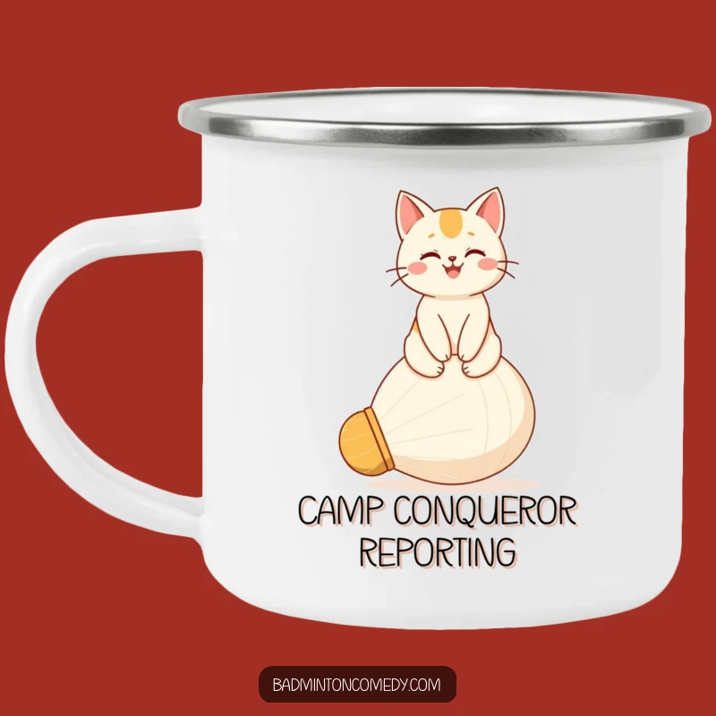 Funny Cat Camping Mug: Shuttlecock King, Perfect Outdoor Gift