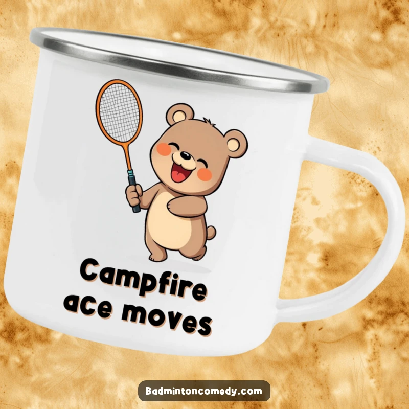 Funny bear character playing badminton on a rugged camping mug, ideal for outdoor humor, a funny gift.
