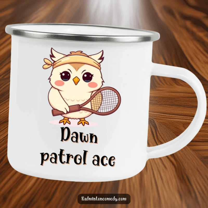 Funny camping mug showcasing a smiling owl character with a headband and tennis racket, ready for outdoor fun.
