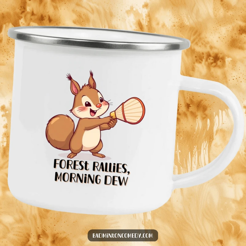 Funny Squirrel Badminton Camping Mug: A cheerful squirrel serving a shuttlecock with a mighty swing, perfect for outdoor drinks.