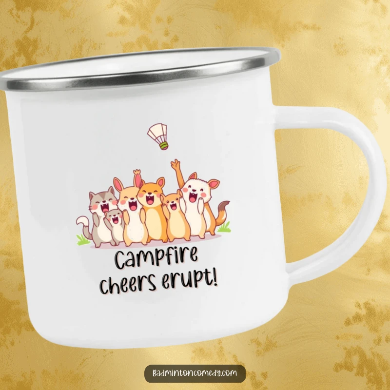 Funny Camping Mug: Animals celebrating a shuttlecock's flight during a wild cheer, perfect for outdoor enthusiasts.