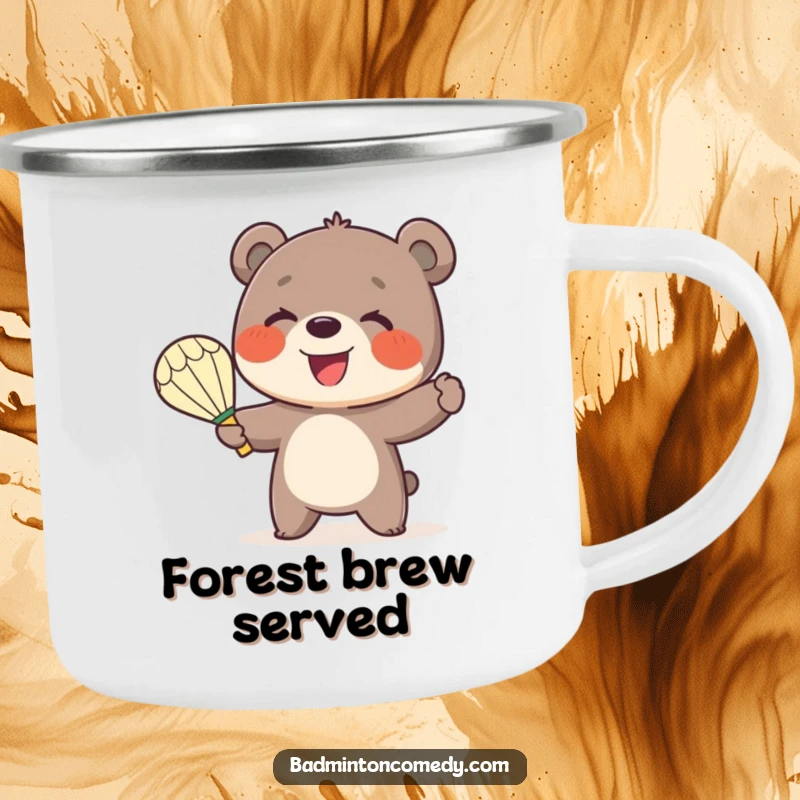 Funny Bear Badminton Camping Mug: A smiling bear cub enthusiastically serves a shuttlecock outdoors with a badminton racket.