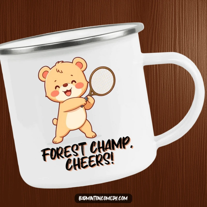 Funny happy bear cub in a winning pose, triumphantly swinging a tennis racket, a durable and humorous camping mug.
