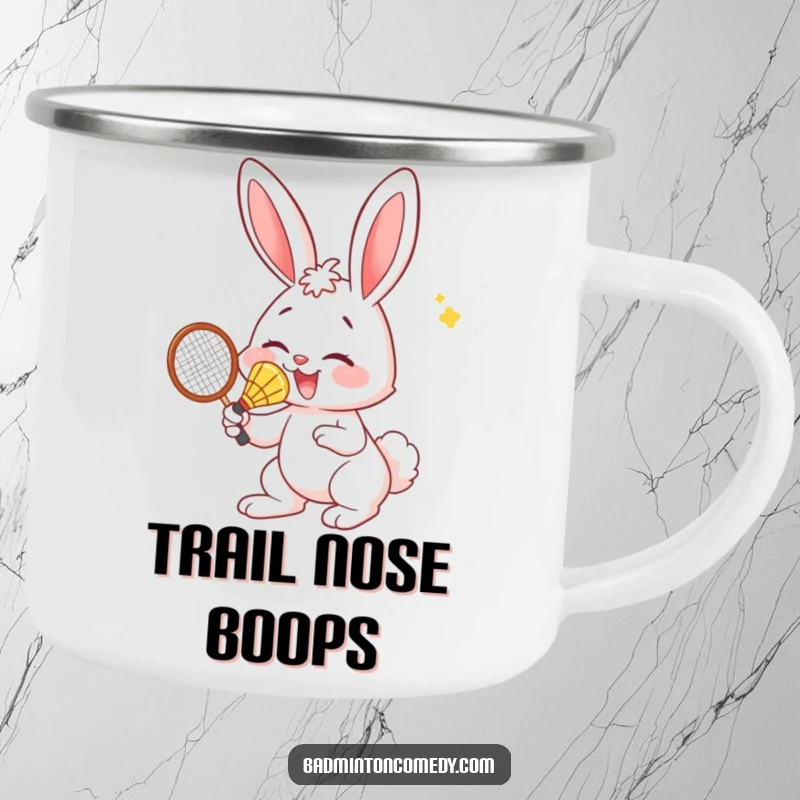 Funny Bunny Camping Mug: A sturdy camping mug showing a bunny comically hitting a badminton shuttlecock with its nose.