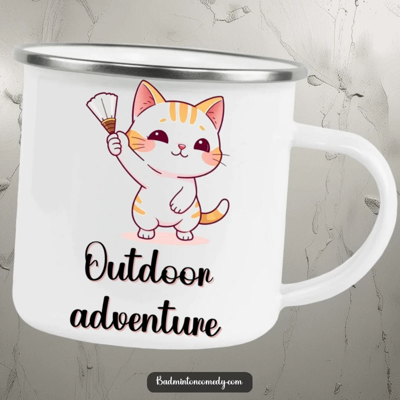 Funny Cat Adventure Camping Mug with a playful cat character batting a shuttlecock with its paw, perfect for outdoor enjoyment.