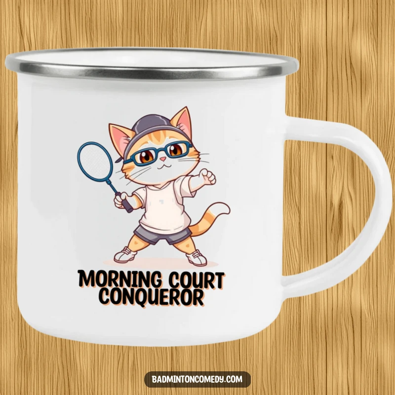 Funny cat in athletic gear, swinging a badminton racket with gusto, on a sturdy camping mug.