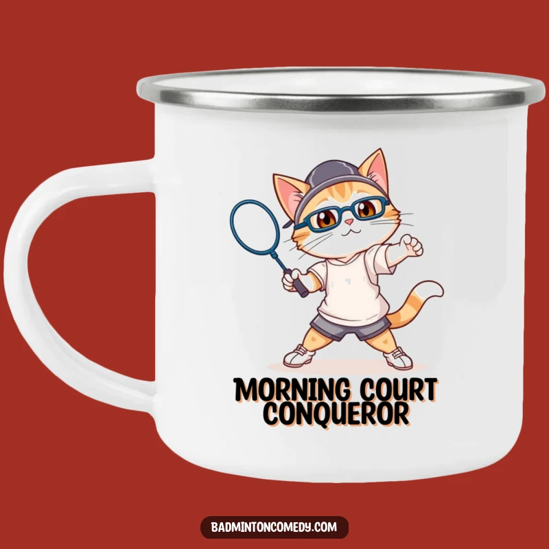 Funny Cat Badminton Camping Mug: Durable Athletic Fun for Outdoors