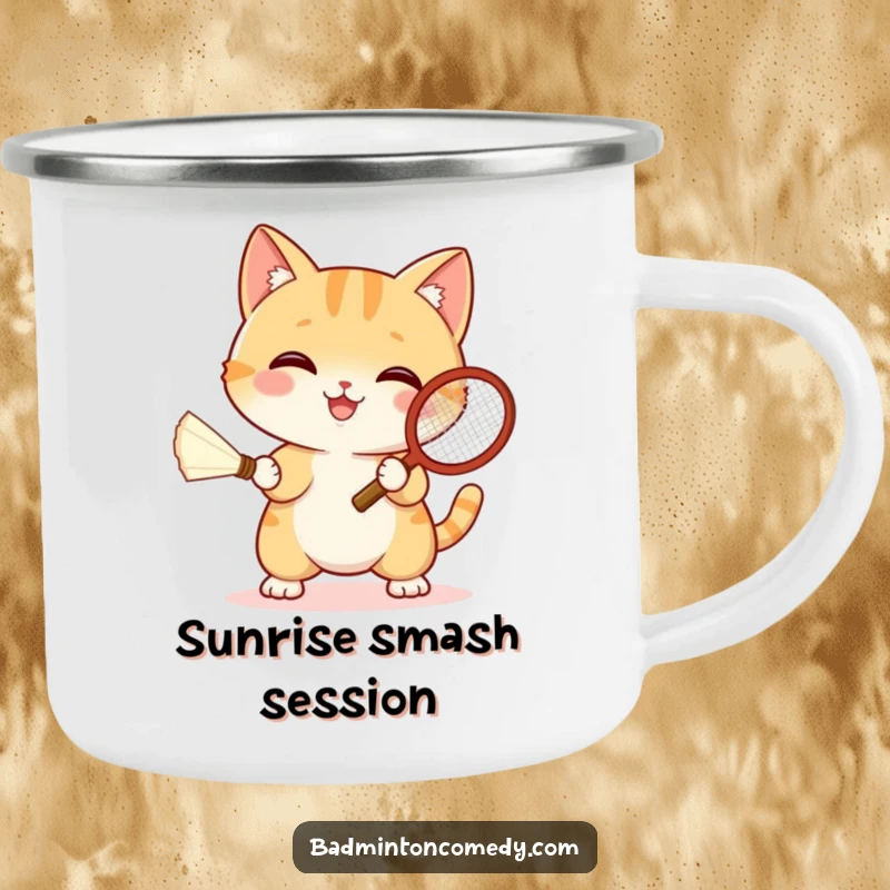 Funny cat in athletic gear, playing badminton with a shuttlecock, on a sturdy camping mug.
