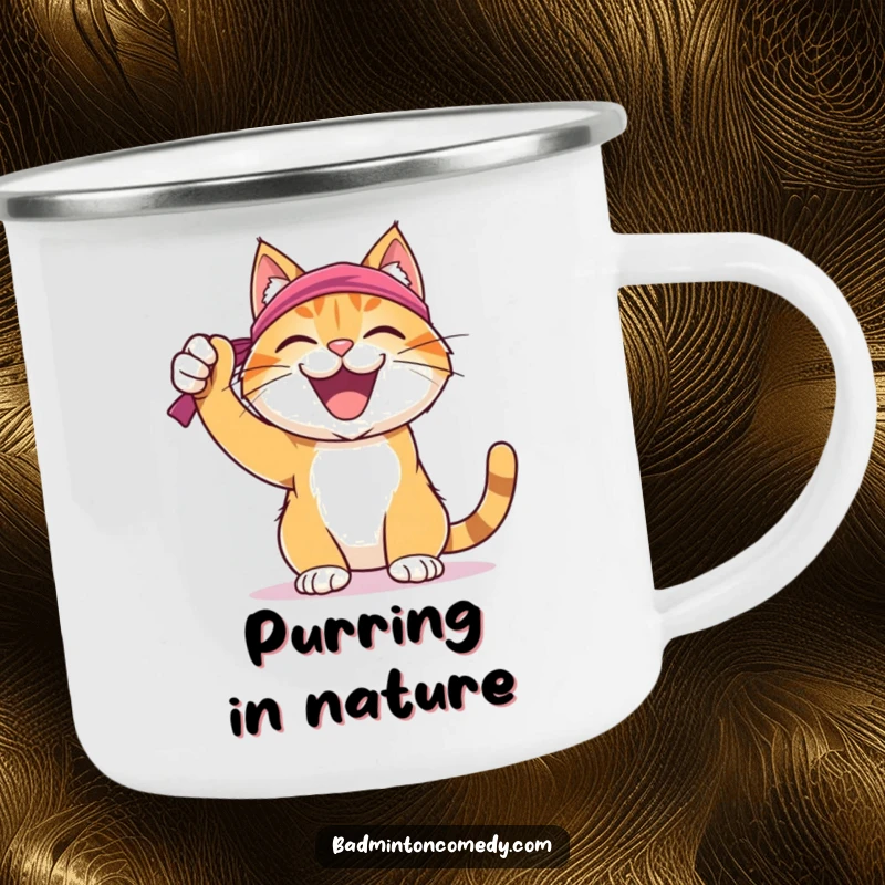 Funny Cat Badminton Camping Mug: A joyful cat in a sweatband celebrating a badminton shot, perfect for outdoor enjoyment.