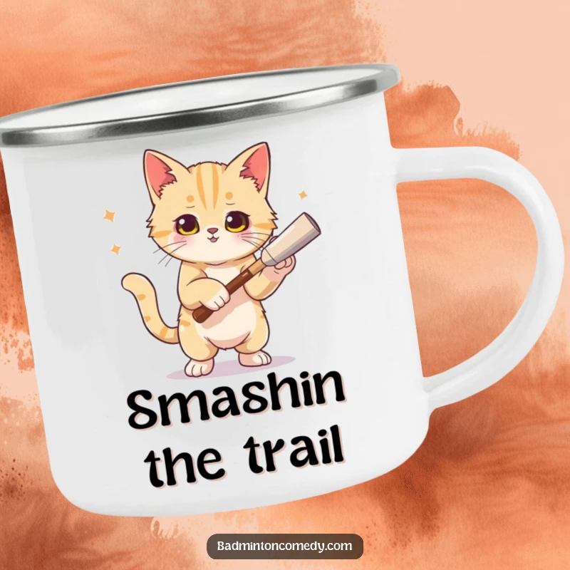 Funny cat camping mug showing a cat posing after a tennis smash, perfect for outdoor fun and laughs.