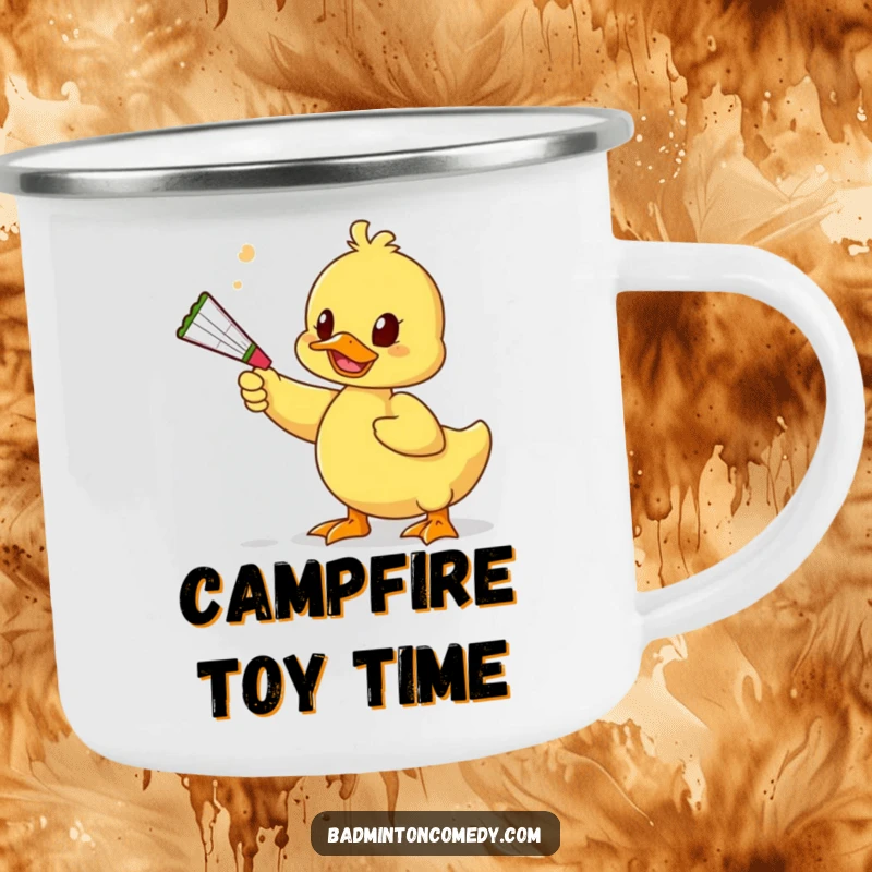Funny Duck Play Camping Mug: A duck playfully bats a shuttlecock with a squeaky toy, perfect for outdoor enthusiasts.