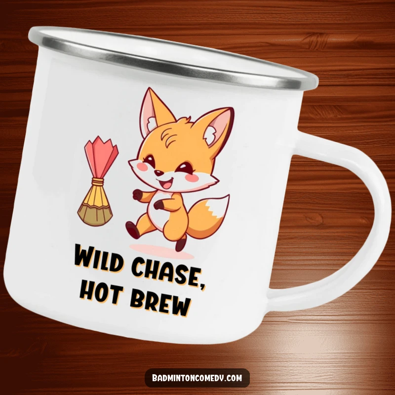 Funny fox character playing badminton on a rugged camping mug, ideal for outdoor humor, a funny gift.