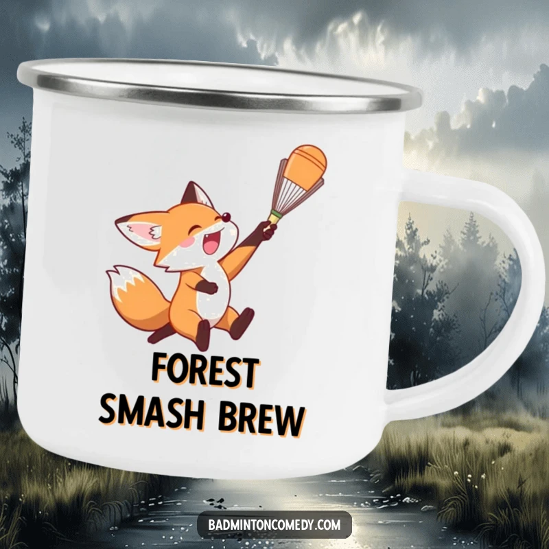 Funny Fox Camping Mug: A sturdy camping mug showing an agile fox smashing a badminton shuttlecock.
