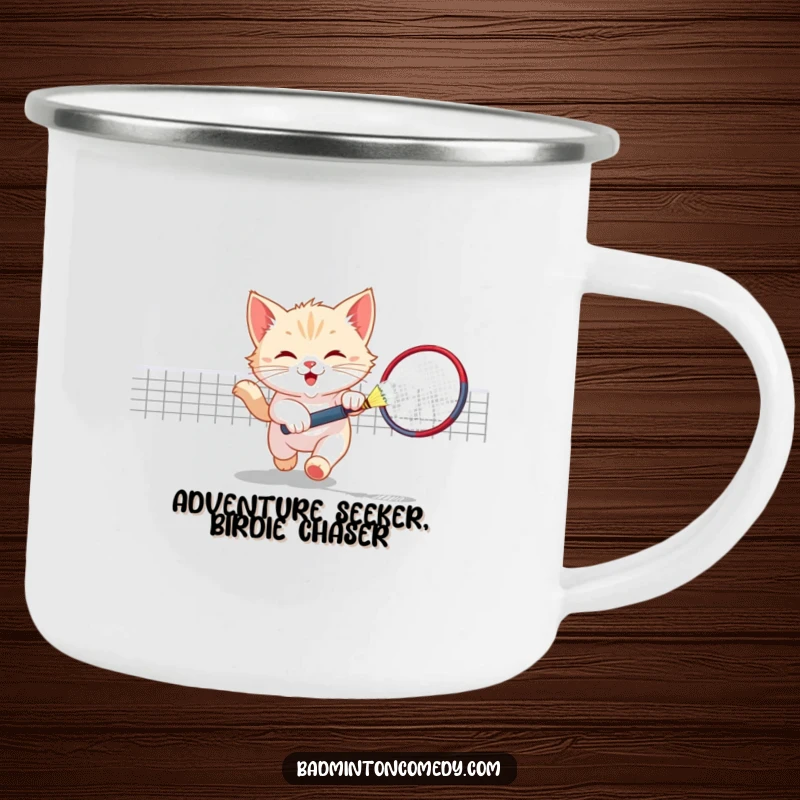 Funny Kitten Badminton Camping Mug: A playful kitten chasing a shuttlecock, perfect for outdoor drinks and adding a touch of fun.