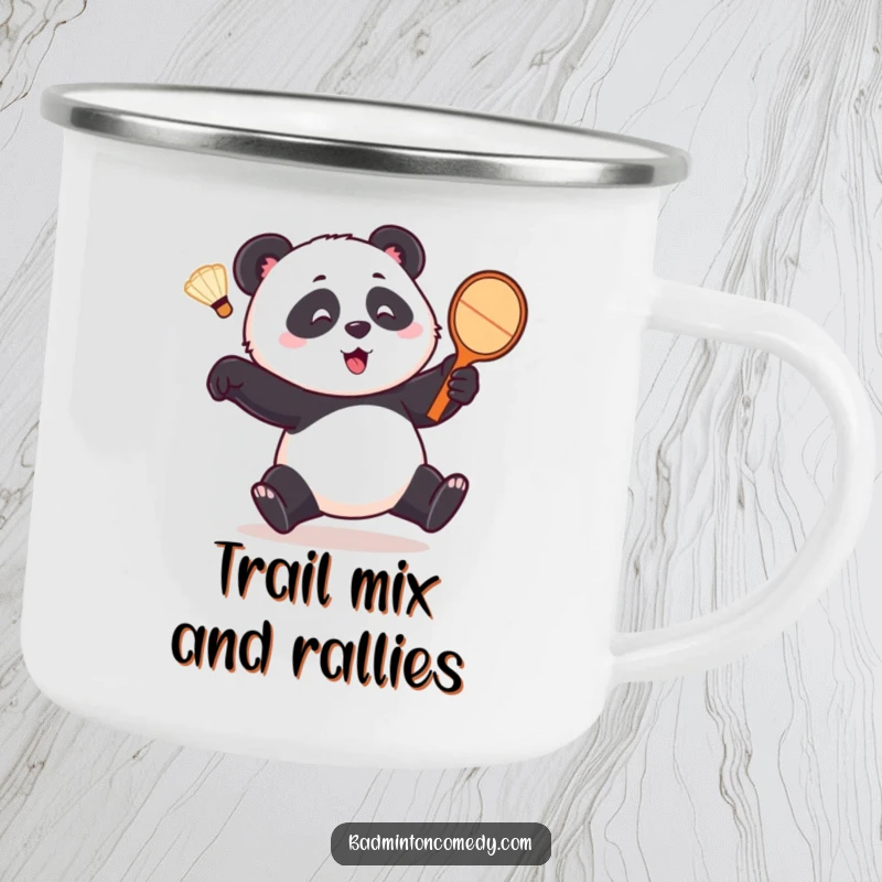 Funny panda camping mug, a playful bear comically chasing a shuttlecock with a racket, ideal for humorous outdoor adventures.