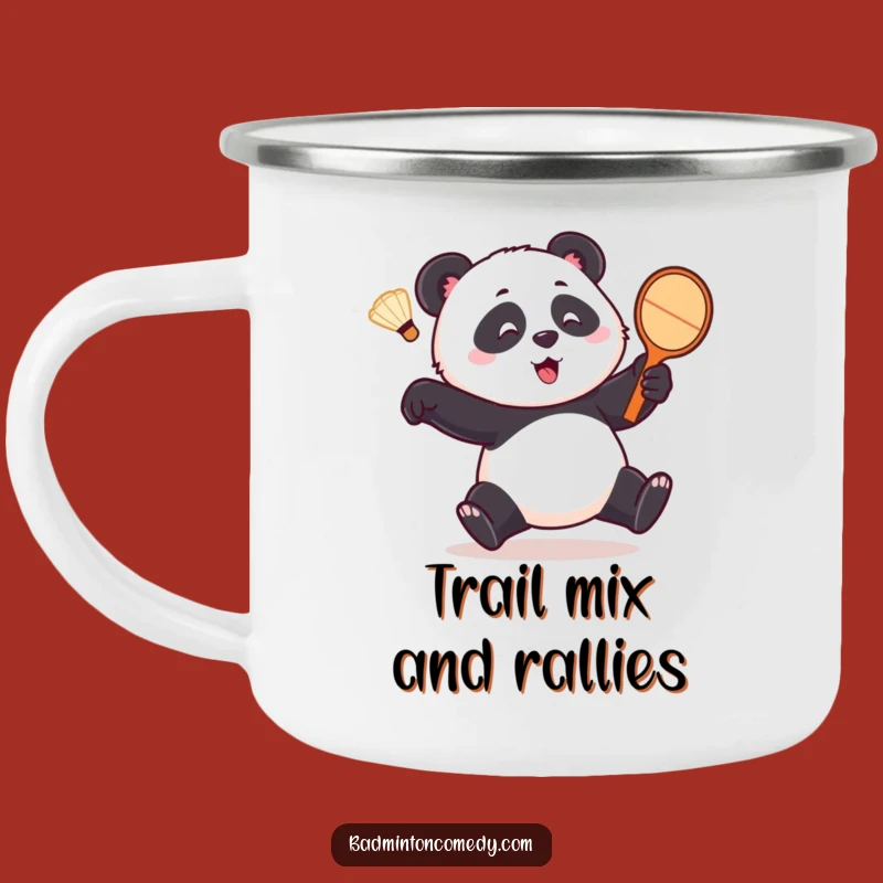 Funny Panda Badminton Camper Mug - Outdoor Fun with Playful Bear's Comical Chase