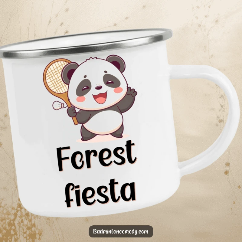 Funny panda with a large racket, gleefully smashing a shuttlecock, built for adventure on this camping mug.