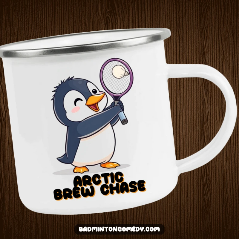 Funny Penguin Badminton Camping Mug: A penguin lunges on an adventure, racket raised high to hit a shuttlecock.